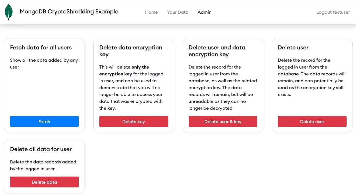 The sample app admin page